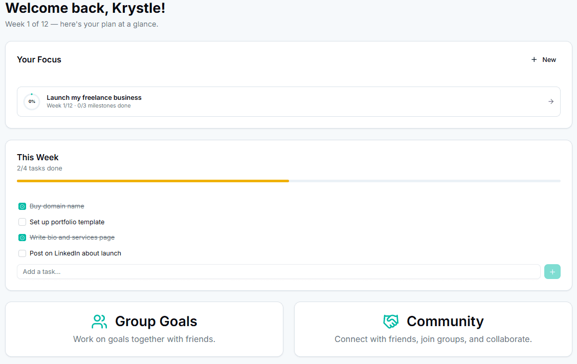 Accountability Buddy Dashboard showing your active 12-week plan, weekly tasks, and progress